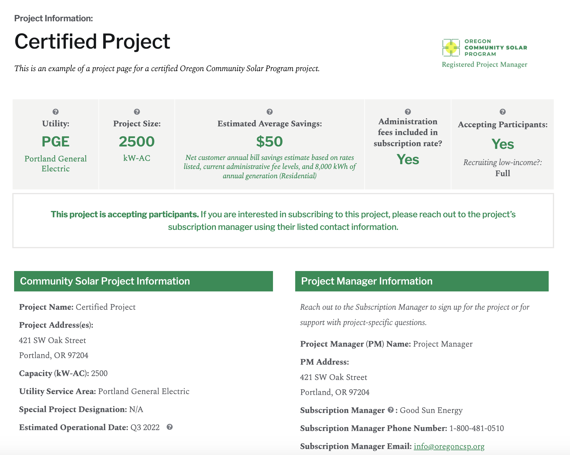 Example of an Oregon Community Solar Program certified project's description page